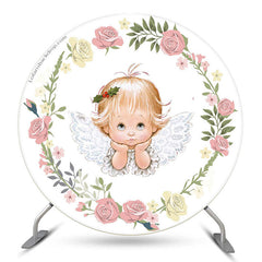 Lofaris Floral Baby Angel Girl Baptism Round Backdrop Cover