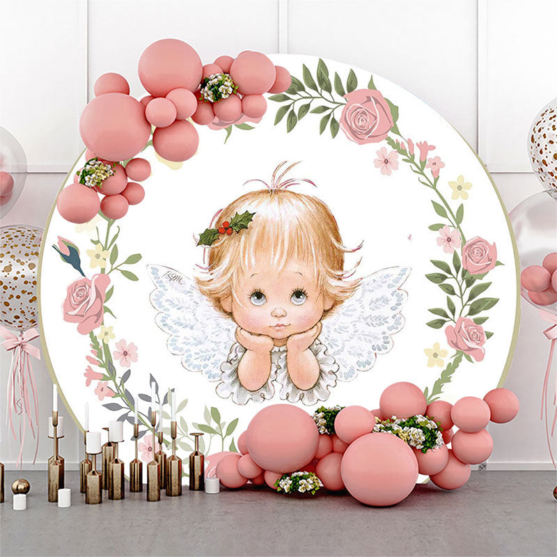 Lofaris Floral Baby Angel Girl Baptism Round Backdrop Cover