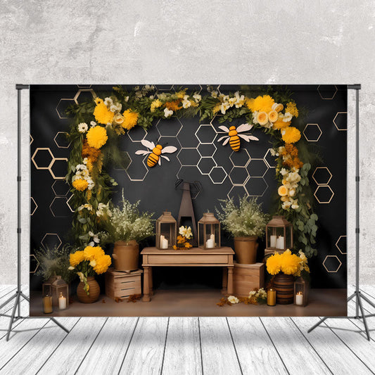 Lofaris Floral Bee Honeycomb Birthday Cake Smash Backdrop