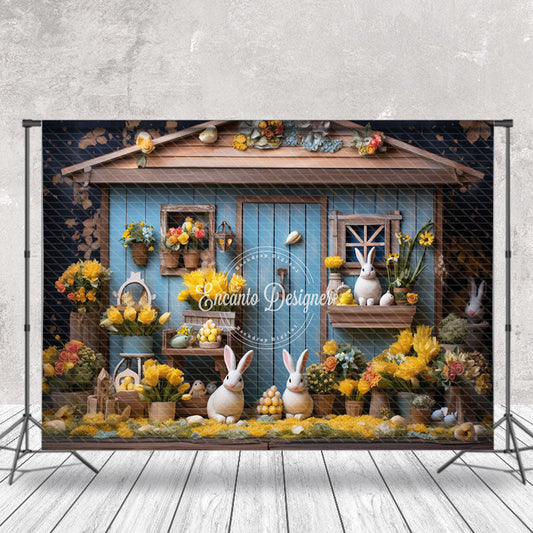 Lofaris Floral Blue Retro Wood House Bunny Photo Backdrop