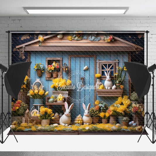 Lofaris Floral Blue Retro Wood House Bunny Photo Backdrop