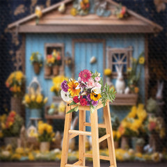 Lofaris Floral Blue Retro Wood House Bunny Photo Backdrop