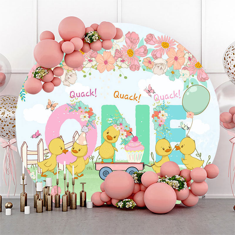 Lofaris Floral Cartoon Cute Duck Round 1st Birthday Backdrop