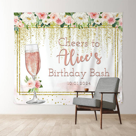 Lofaris Floral Champagne Glitter Custom Birthday Backdrop