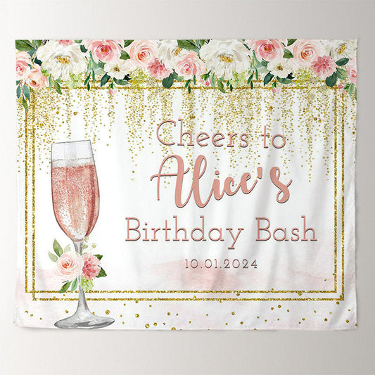 Lofaris Floral Champagne Glitter Custom Birthday Backdrop