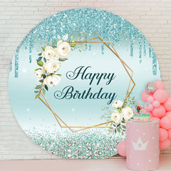 Lofaris Floral Glitter Blue Round Happy Birthday Backdrop