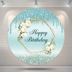 Lofaris Floral Glitter Blue Round Happy Birthday Backdrop