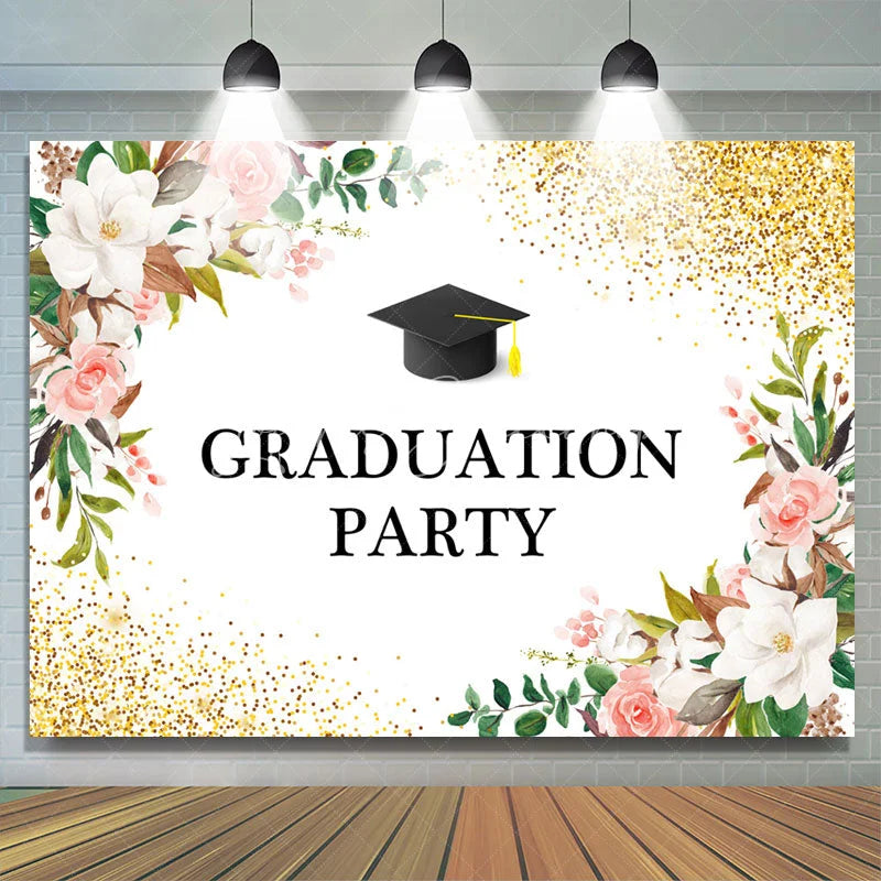 Lofaris Floral Gold Glitter Cap Graduation Party Backdrop