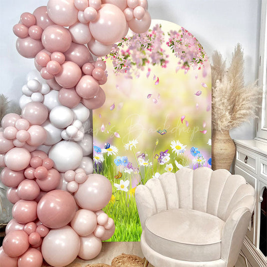 Lofaris Floral Green Grass Spring Birthday Arch Backdrop