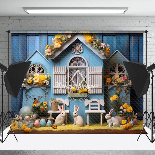 Lofaris Floral House Blue Vintage Wall Easter Photo Backdrop