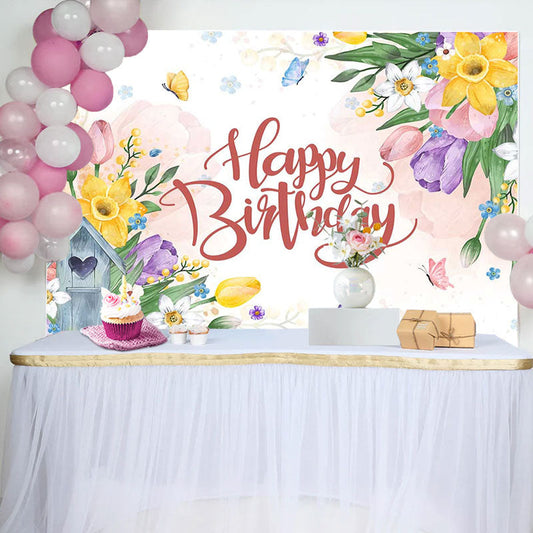 Lofaris Floral Leaves Butterfly Birthday Backdrop For Girl