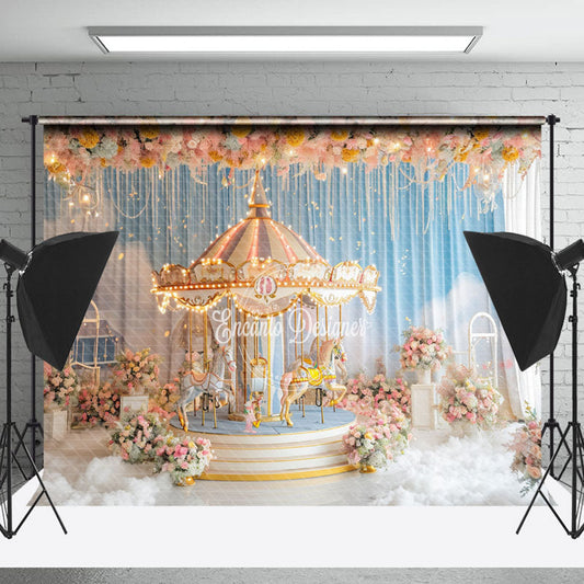 Lofaris Floral Merry Go Round Blue Curtain Cloud Backdrop
