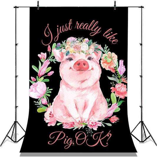 Lofaris Floral Pink Pig Black Birthday Backdrop For Girl