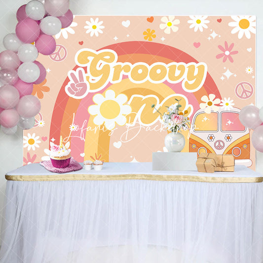 Lofaris Floral Rainbow Boho Car Groovy One Birthday Backdrop