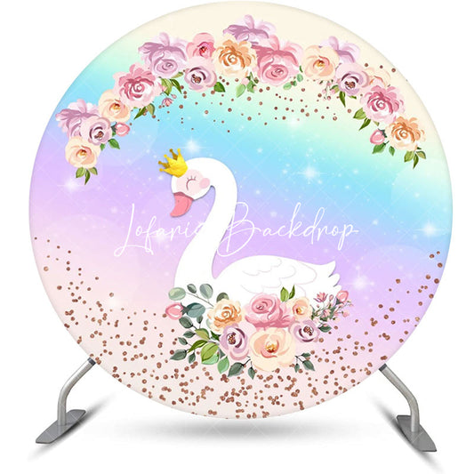 Lofaris Floral Rainbow Sparkle Swan Round Birthday Backdrop