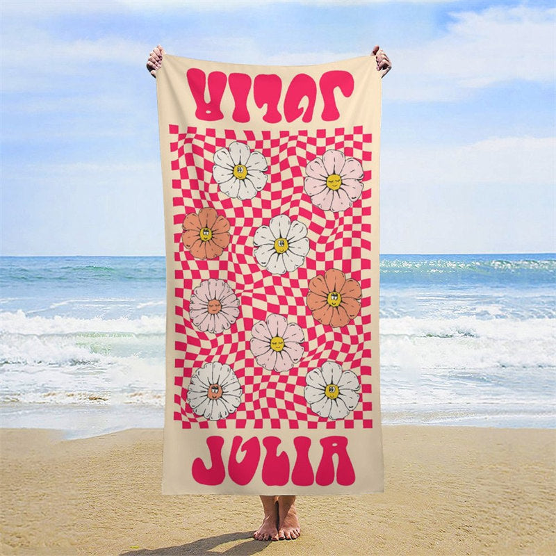 Lofaris Floral Red Plaid Custom Name Beach Towel for Girl