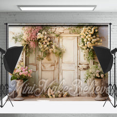 Lofaris Floral Shabby Wooden Door Brick Wall Spring Backdrop