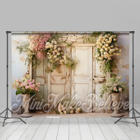 Lofaris Floral Shabby Wooden Door Brick Wall Spring Backdrop