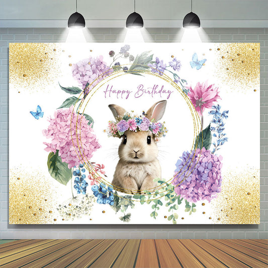 Lofaris Floral Sparkle Gold Rabbit Happy Birthday Backdrop
