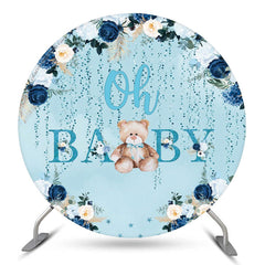 Lofaris Floral Teddy Bear Blue Baby Shower Round Backdrop