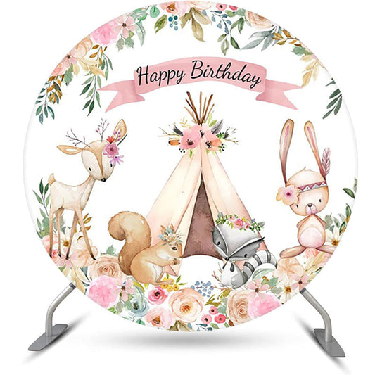 Lofaris Floral Tent Animals Safari Round Birthday Backdrop