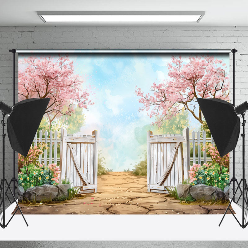 Backdrop Pic Spring Floral Tree Blue Sky Stone Spring Backdrop For Photo - Lofaris