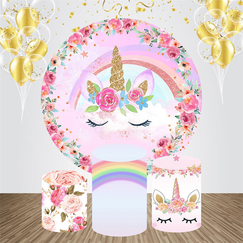 Lofaris Floral Unicorn Raionbow Round Birthday Backdrop Kit
