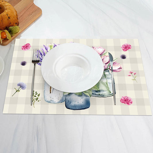 Lofaris Floral Vase Beige Plaid Rustic Set Of 4 Placemats