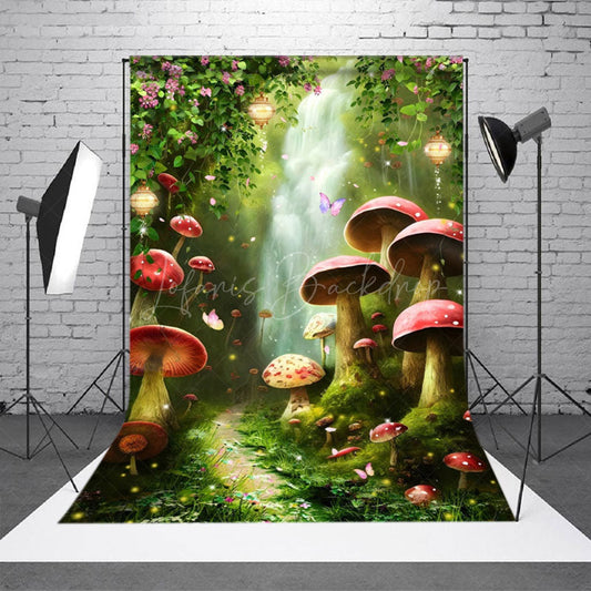 Lofaris Floral Waterfall Mushrooms Grass Photography Backdrop