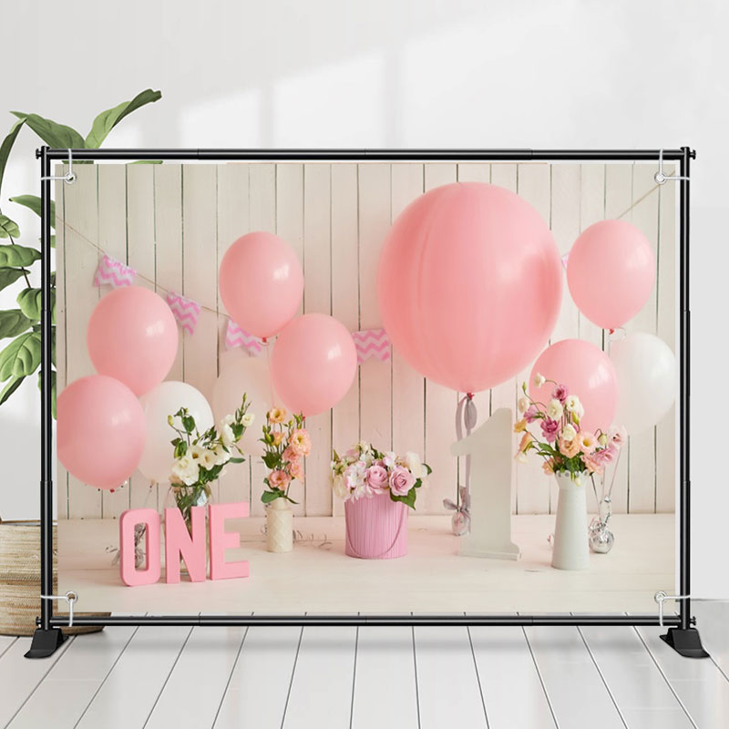 Lofaris Floral Wooden Wall Pink Balloon 1st Birthday Backdrop