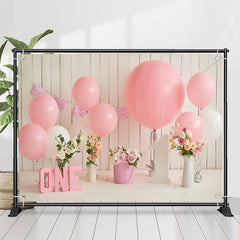 Lofaris Floral Wooden Wall Pink Balloon 1st Birthday Backdrop