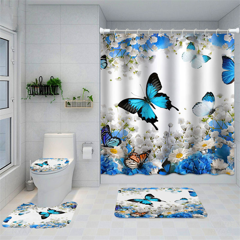 Lofaris Flower Butterfly Blue Shower Curtain For Bathroom