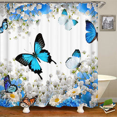 Lofaris Flower Butterfly Blue Shower Curtain For Bathroom