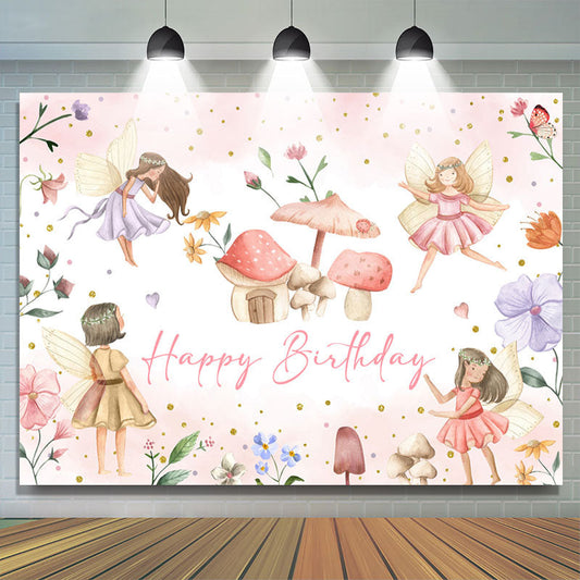 Lofaris Flower Fairy Mushroom Girls Happy Birthday Backdrop