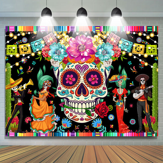 Lofaris Flower Mexican Fiesta Sugar Skull Halloween Backdrop