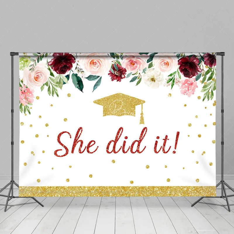 Lofaris Flowers And Glitter Golden She Did It Grad Backdrop