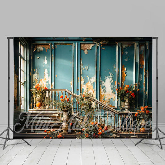 Lofaris Flowers Blue Distressed Room Retro Wall Backdrop