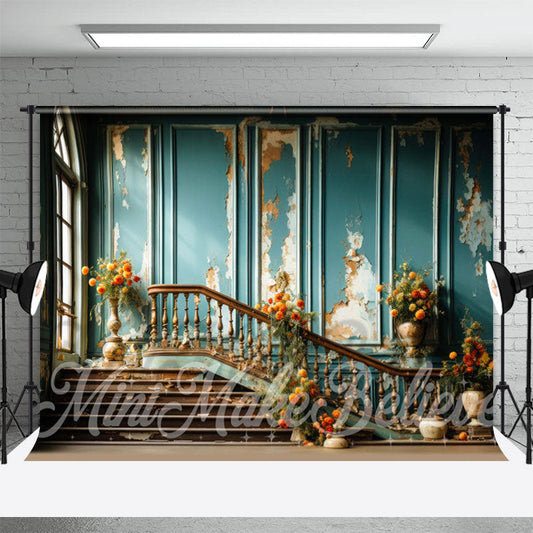 Lofaris Flowers Blue Distressed Stairs Retro Wall Backdrop