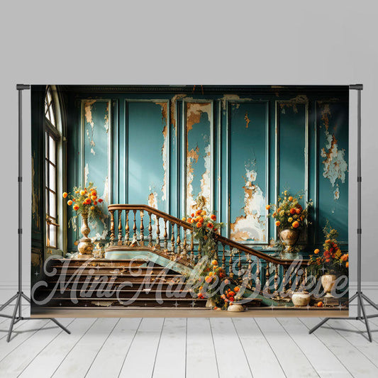 Lofaris Flowers Blue Distressed Stairs Retro Wall Backdrop