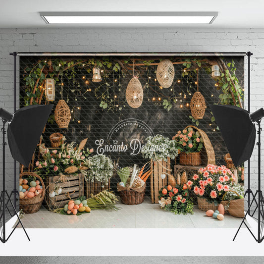 Lofaris Flowers Lanterns Black Wall Birthday Photo Backdrop