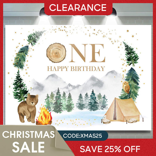 Lofaris (Ship In 24HR) Forest Bear Camping 1st Birthday Backdrop For Boy