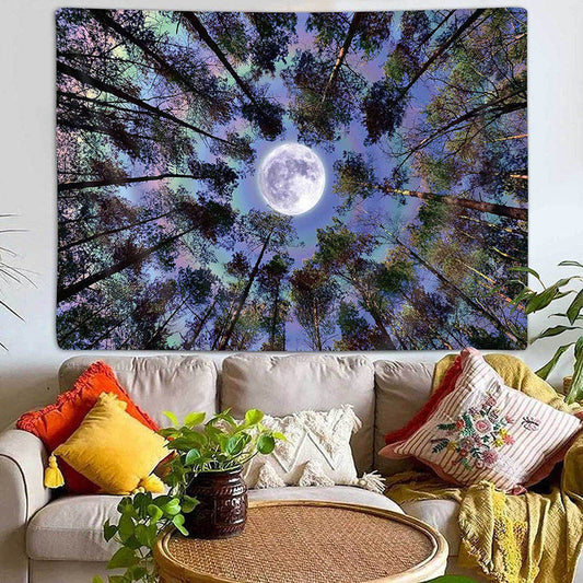 Lofaris Forest Tall Tree Moon Light Bokeh Wall Tapestry