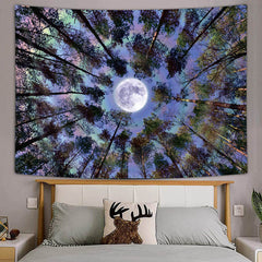 Lofaris Forest Tall Tree Moon Light Bokeh Wall Tapestry