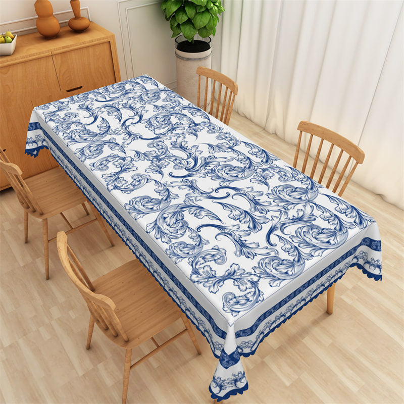 Lofaris French Country Toile Blue Paisley White Tablecloth
