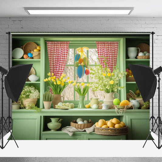 Lofaris Fresh Green Shelf Window Floral Eggs Easter Backdrop
