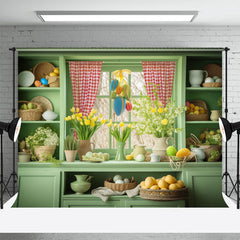 Lofaris Fresh Green Shelf Window Floral Eggs Easter Backdrop