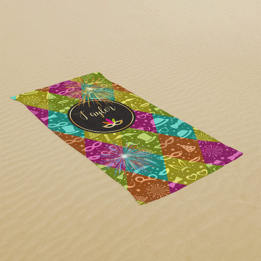 Lofaris Full Color Custom Name Mardi Gras Beach Towel