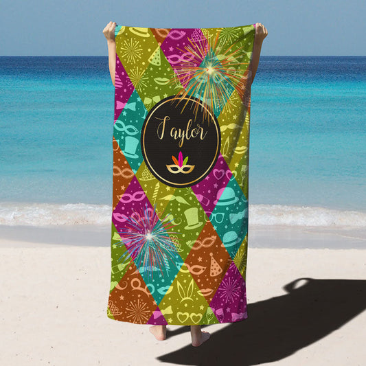 Lofaris Full Color Custom Name Mardi Gras Beach Towel