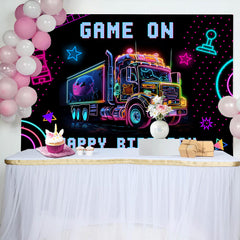 Lofaris Game On Neon Truck Cyberpunk Happy Birthday Backdrop