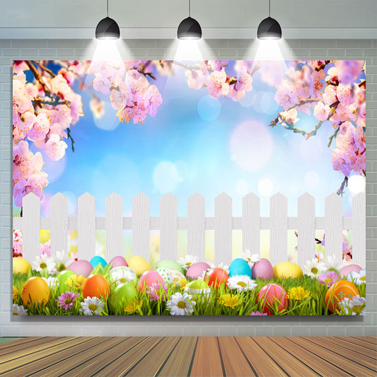 Lofaris Garden Colorful Eggs Fence Blue Sky Easter Backdrop